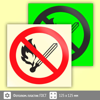 Знак P02 «Запрещается пользоваться открытым огнем и курить» (фотолюминесцентный пластик ГОСТ 34428-2018, 125х125 мм)